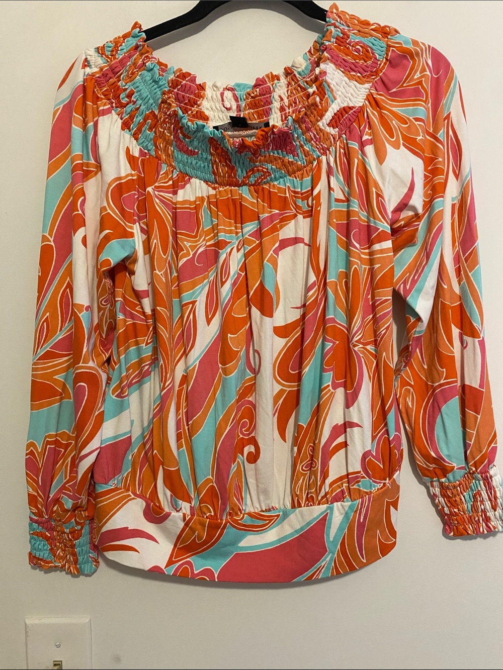 Boston Proper Off-Shoulder Smocked Tunic in Orange, Pink & Teal